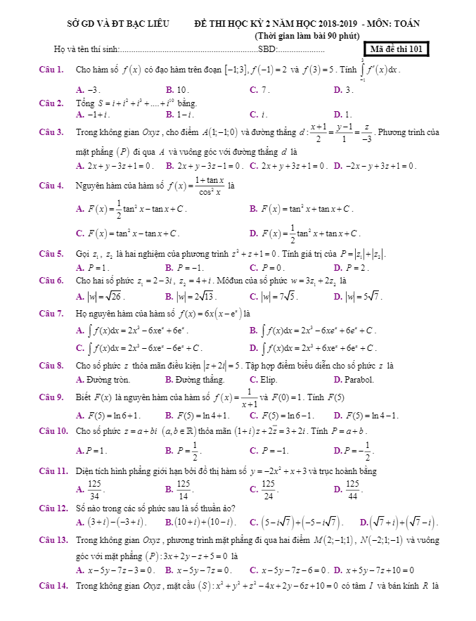 Đề thi học kì 2 (HK2) lớp 12 môn Toán năm học 2018 2019 sở GDKHCN Bạc Liêu