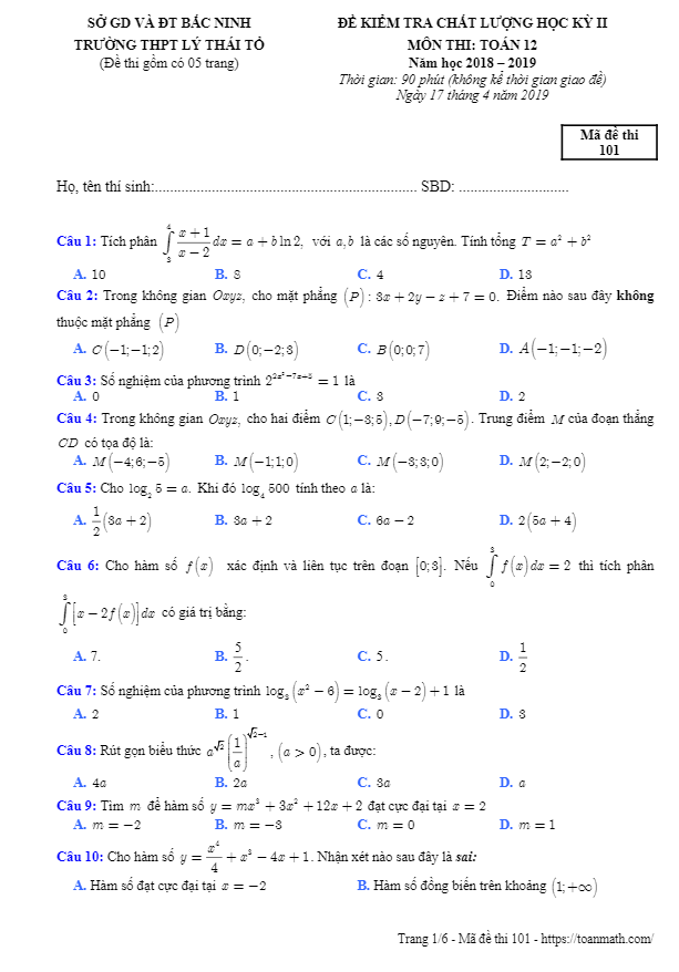 Đề thi học kì 2 (HK2) lớp 12 môn Toán năm học 2018 2019 trường THPT Lý Thái Tổ Bắc Ninh
