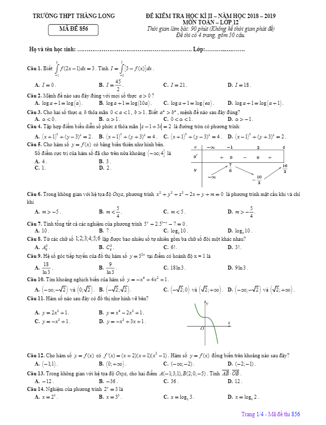 Đề thi học kì 2 (HK2) lớp 12 môn Toán năm học 2018 2019 trường THPT Thăng Long Hà Nội