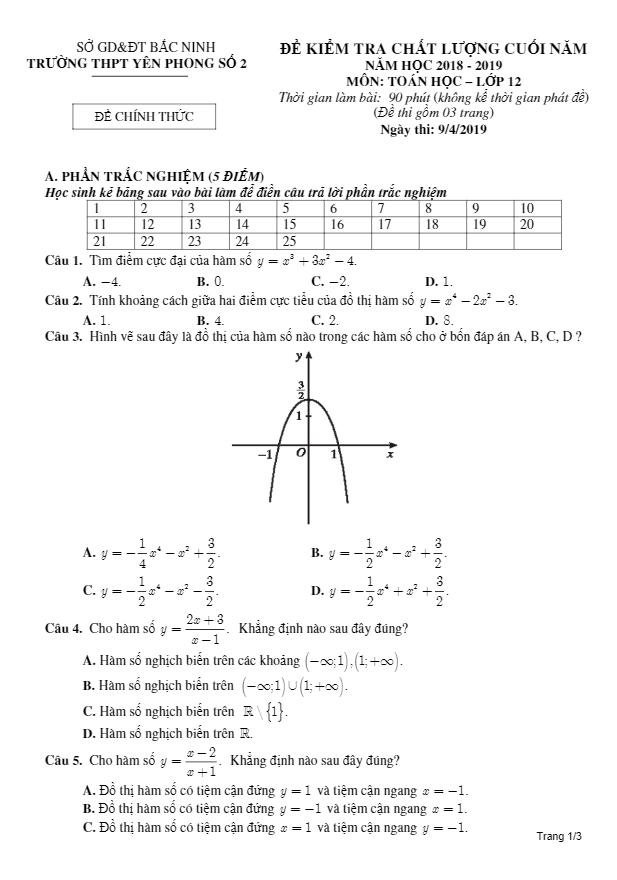 Đề thi học kì 2 (HK2) lớp 12 môn Toán năm học 2018 2019 trường THPT Yên Phong 2 Bắc Ninh