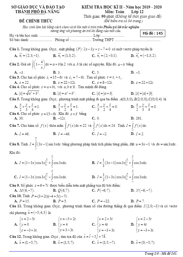Đề thi học kì 2 (HK2) lớp 12 môn Toán năm học 2019 2020 sở GD ĐT Đà Nẵng
