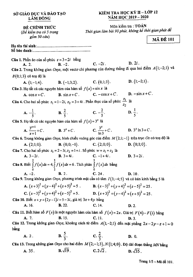 Đề thi học kì 2 (HK2) lớp 12 môn Toán năm học 2019 2020 sở GD ĐT Lâm Đồng
