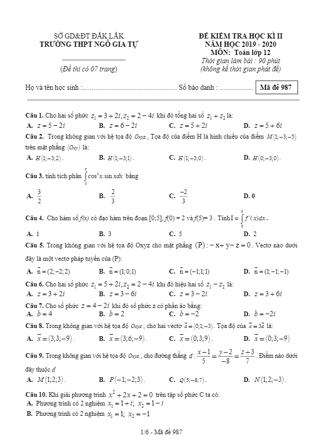 Đề thi học kì 2 (HK2) lớp 12 môn Toán năm học 2019 2020 trường THPT Ngô Gia Tự Đắk Lắk