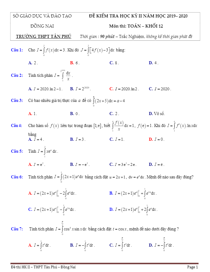 Đề thi học kì 2 (HK2) lớp 12 môn Toán năm học 2019 2020 trường THPT Tân Phú Đồng Nai