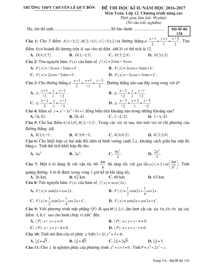 Đề thi học kì 2 (HK2) lớp 12 môn Toán nâng cao năm học 2016 2017 trường THPT chuyên Lê Quý Đôn Quảng Trị
