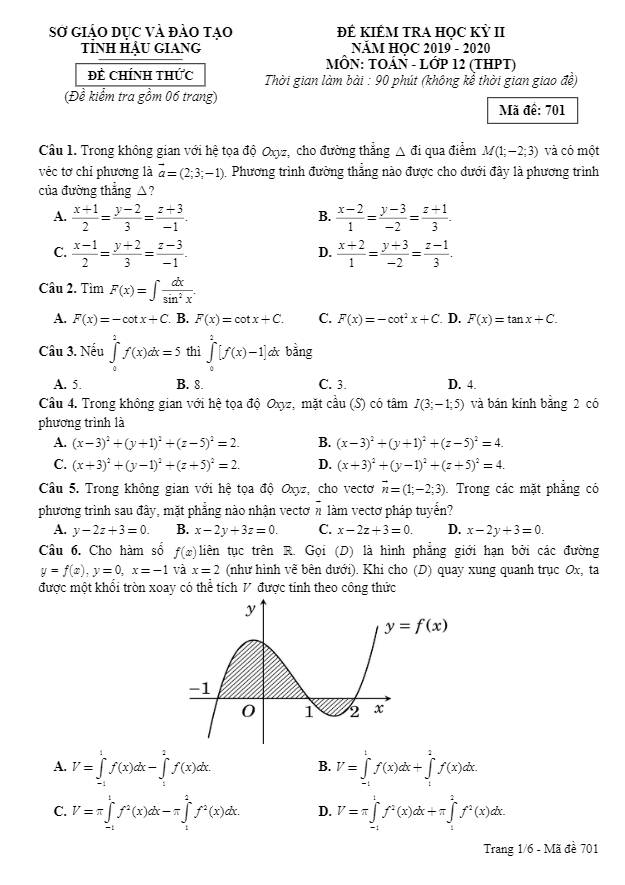 Đề thi học kì 2 (HK2) lớp 12 môn Toán THPT năm học 2019 2020 sở GD ĐT Hậu Giang