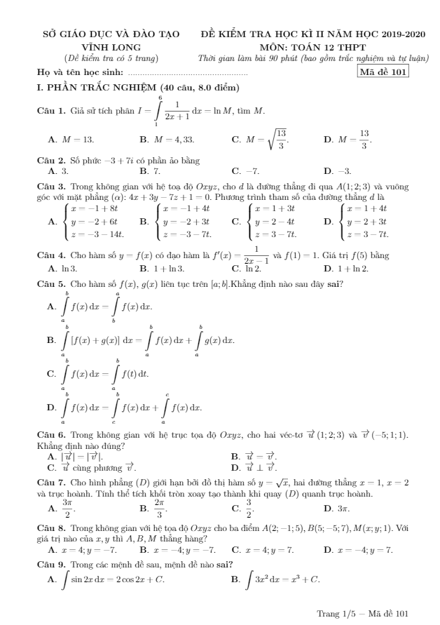 Đề thi học kì 2 (HK2) lớp 12 môn Toán THPT năm học 2019 2020 sở GD ĐT Vĩnh Long