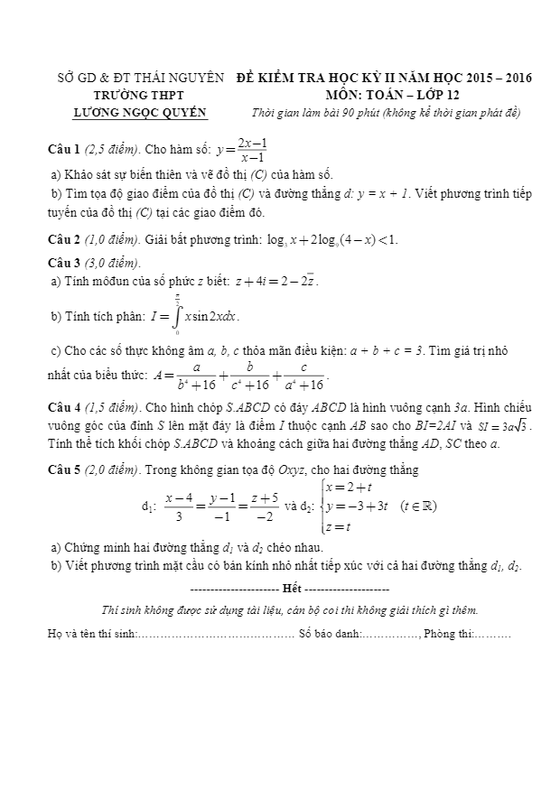 Đề thi học kì 2 (HK2) lớp 12 môn Toán trường Lương Ngọc Quyến Thái Nguyên năm học 2015 2016