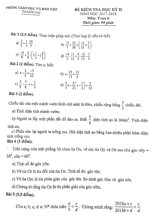 Đề thi học kì 2 (HK2) lớp 6 môn Toán năm 2017 2018 phòng GD và ĐT Thanh Oai Hà Nội