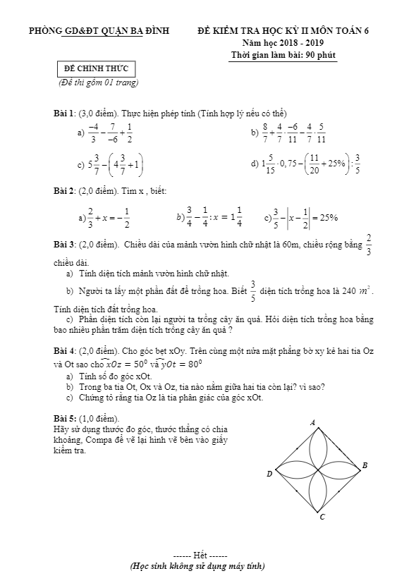 Đề thi học kì 2 (HK2) lớp 6 môn Toán năm 2018 2019 phòng GD ĐT Ba Đình Hà Nội