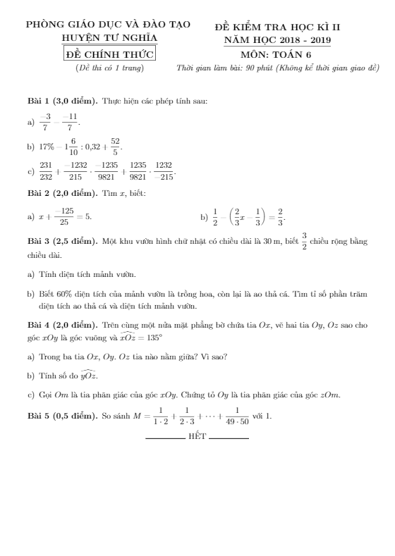 Đề thi học kì 2 (HK2) lớp 6 môn Toán năm 2018 – 2019 phòng GD ĐT Tư Nghĩa – Quảng Ngãi