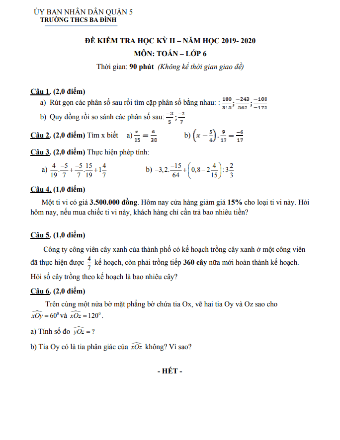 Đề thi học kì 2 (HK2) lớp 6 môn Toán năm 2019 2020 trường THCS Ba Đình TP HCM