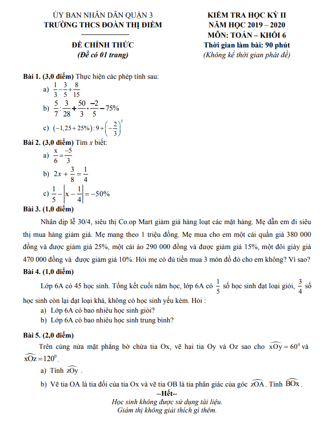 Đề thi học kì 2 (HK2) lớp 6 môn Toán năm 2019 2020 trường THCS Đoàn Thị Điểm TP HCM