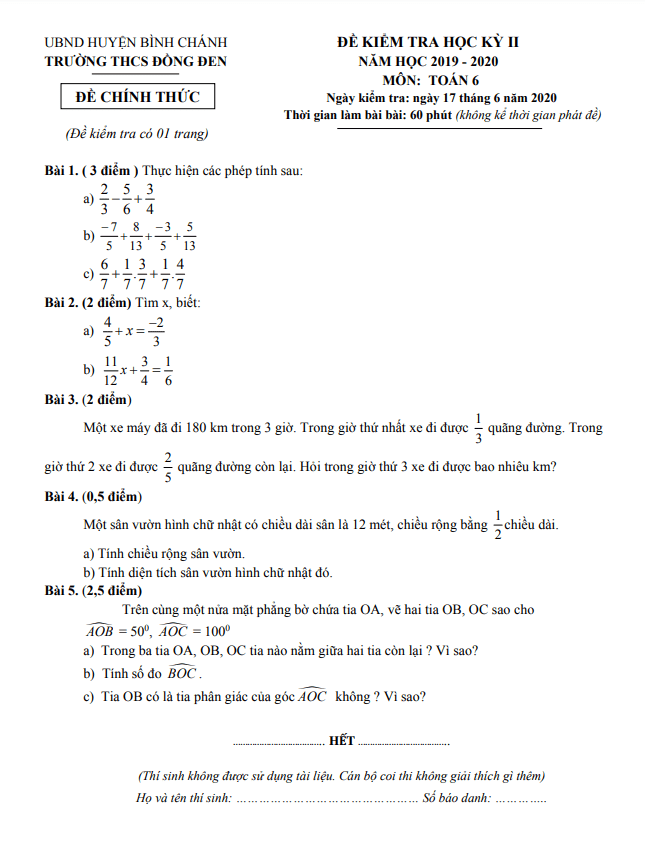 Đề thi học kì 2 (HK2) lớp 6 môn Toán năm 2019 2020 trường THCS Đồng Đen TP HCM