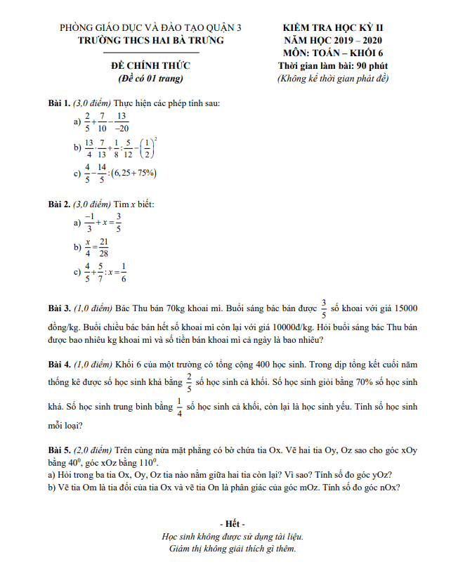 Đề thi học kì 2 (HK2) lớp 6 môn Toán năm 2019 2020 trường THCS Hai Bà Trưng TP HCM