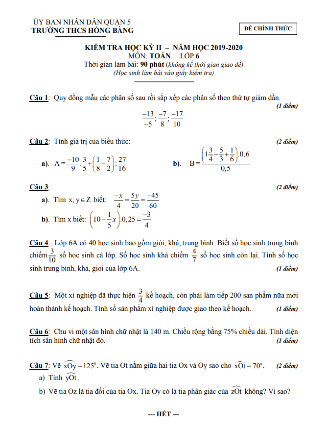 Đề thi học kì 2 (HK2) lớp 6 môn Toán năm 2019 2020 trường THCS Hồng Bàng TP HCM