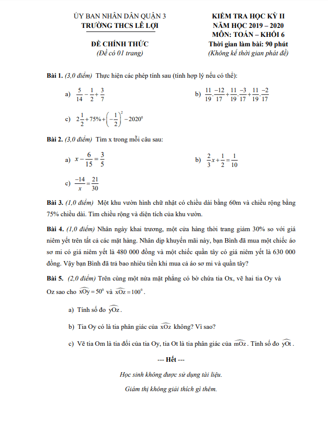 Đề thi học kì 2 (HK2) lớp 6 môn Toán năm 2019 2020 trường THCS Lê Lợi TP HCM