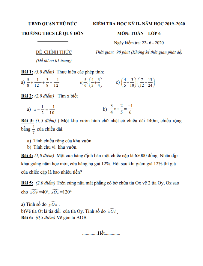 Đề thi học kì 2 (HK2) lớp 6 môn Toán năm 2019 2020 trường THCS Lê Quý Đôn TP HCM
