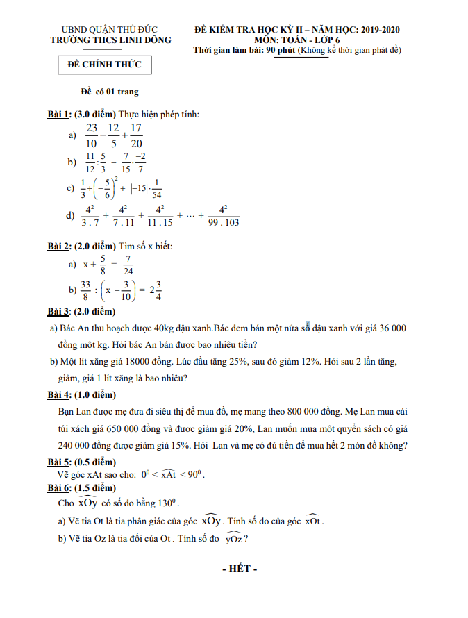 Đề thi học kì 2 (HK2) lớp 6 môn Toán năm 2019 2020 trường THCS Linh Đông TP HCM