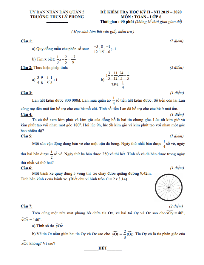 Đề thi học kì 2 (HK2) lớp 6 môn Toán năm 2019 2020 trường THCS Lý Phong TP HCM