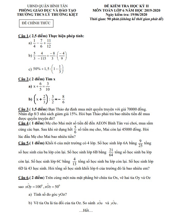 Đề thi học kì 2 (HK2) lớp 6 môn Toán năm 2019 2020 trường THCS Lý Thường Kiệt TP HCM
