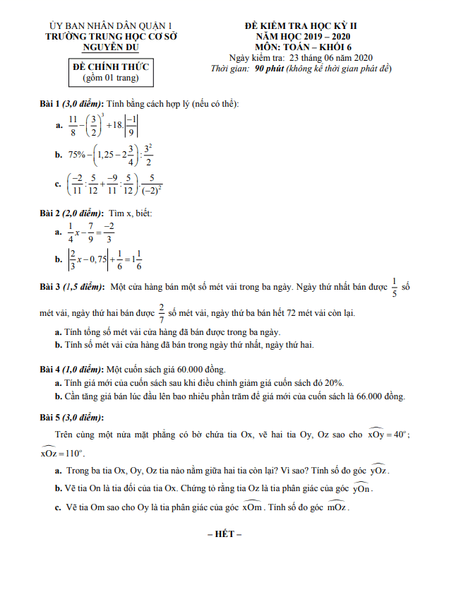 Đề thi học kì 2 (HK2) lớp 6 môn Toán năm 2019 2020 trường THCS Nguyễn Du TP HCM