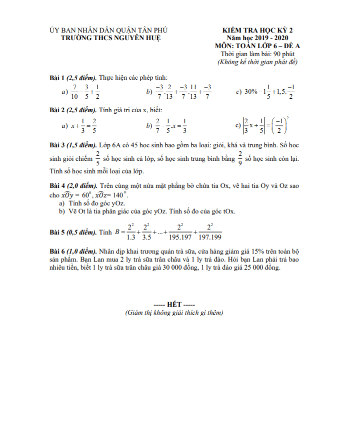 Đề thi học kì 2 (HK2) lớp 6 môn Toán năm 2019 2020 trường THCS Nguyễn Huệ TP HCM
