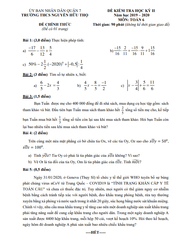 Đề thi học kì 2 (HK2) lớp 6 môn Toán năm 2019 2020 trường THCS Nguyễn Hữu Thọ TP HCM