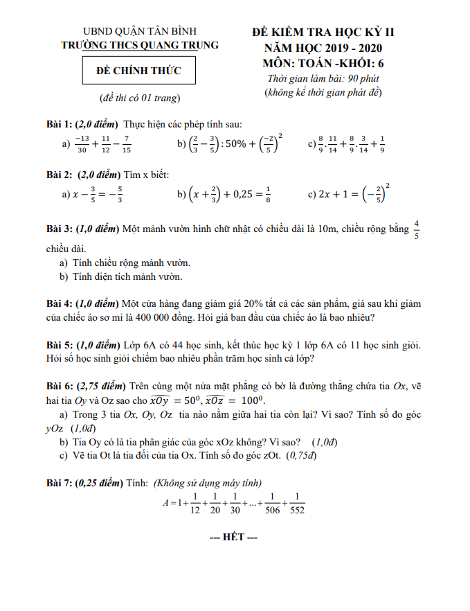 Đề thi học kì 2 (HK2) lớp 6 môn Toán năm 2019 2020 trường THCS Quang Trung TP HCM