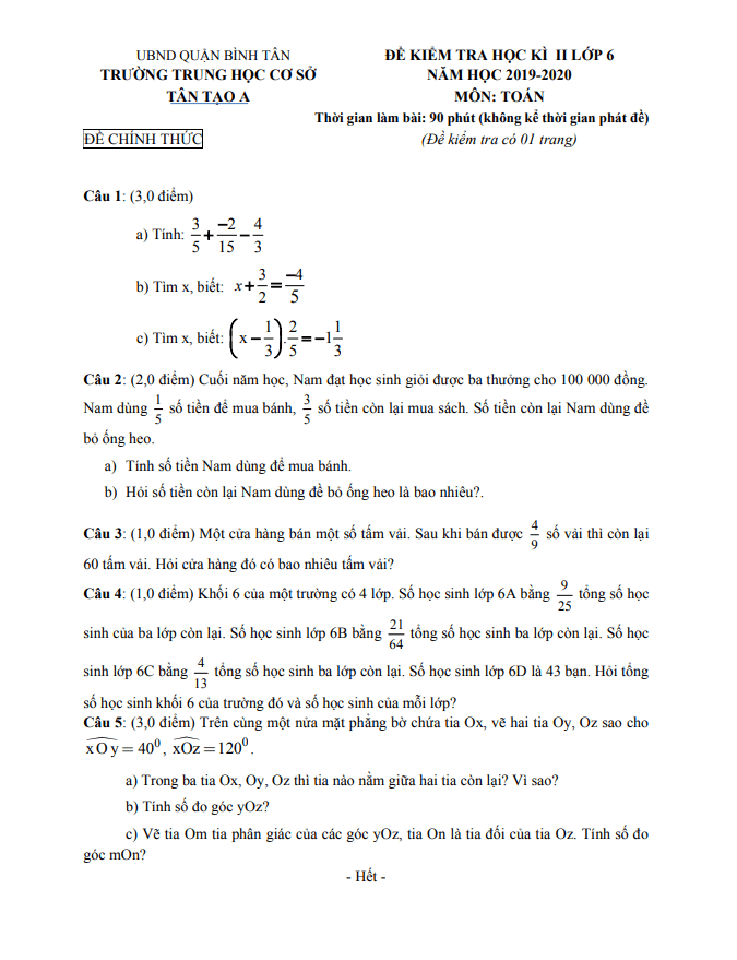 Đề thi học kì 2 (HK2) lớp 6 môn Toán năm 2019 2020 trường THCS Tân Tạo A TP HCM