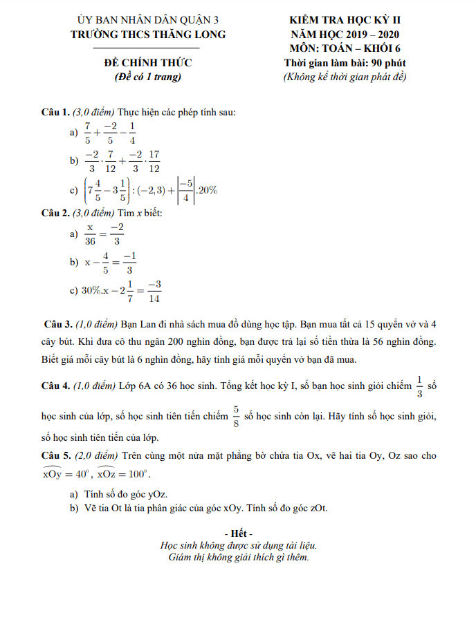 Đề thi học kì 2 (HK2) lớp 6 môn Toán năm 2019 2020 trường THCS Thăng Long TP HCM