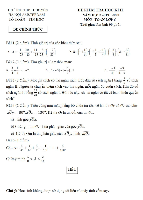 Đề thi học kì 2 (HK2) lớp 6 môn Toán năm 2019 2020 trường THPT chuyên Hà Nội Amsterdam