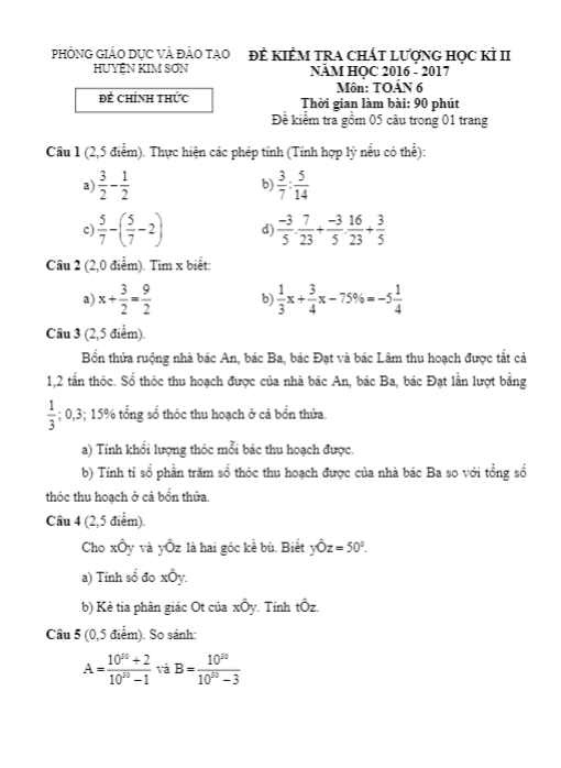 Đề thi học kì 2 (HK2) lớp 6 môn Toán năm học 2016 2017 phòng GD và ĐT Kim Sơn Ninh Bình