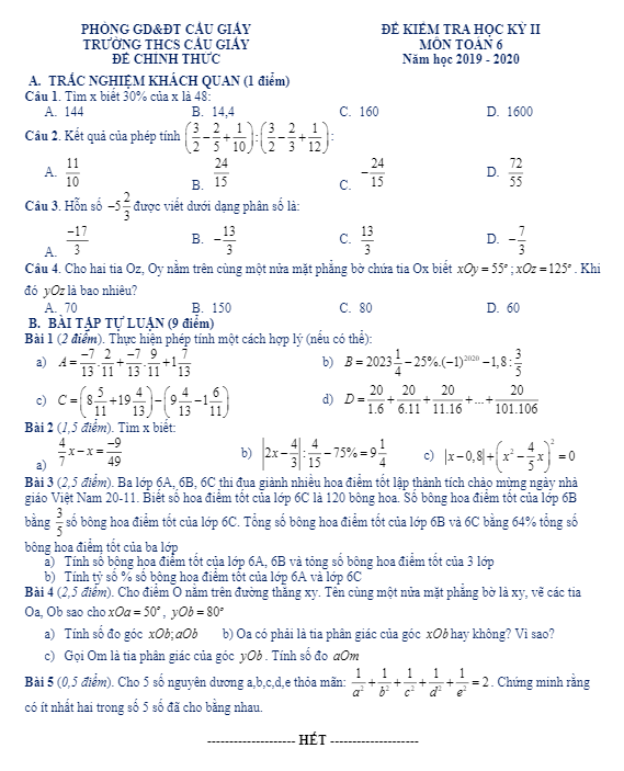 Đề thi học kì 2 (HK2) lớp 6 môn Toán năm học 2019 2020 trường THCS Cầu Giấy Hà Nội
