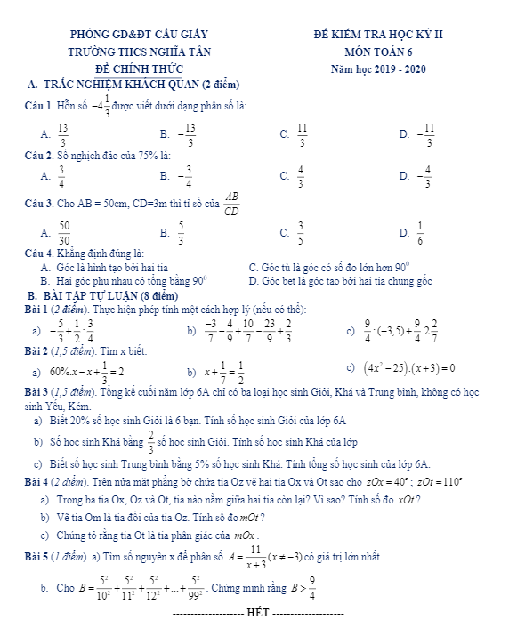 Đề thi học kì 2 (HK2) lớp 6 môn Toán năm học 2019 2020 trường THCS Nghĩa Tân Hà Nội