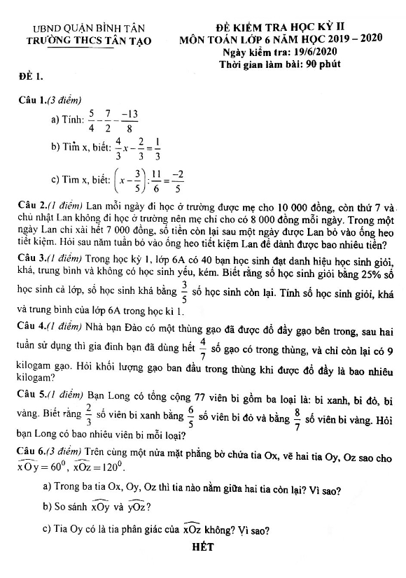 Đề thi học kì 2 (HK2) lớp 6 môn Toán năm học 2019 2020 trường THCS Tân Tạo TP HCM