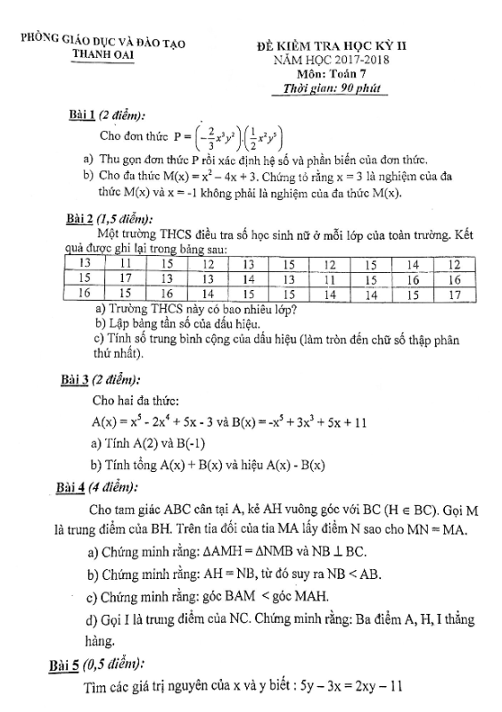 Đề thi học kì 2 (HK2) lớp 7 môn Toán năm 2017 2018 phòng GD và ĐT Thanh Oai Hà Nội