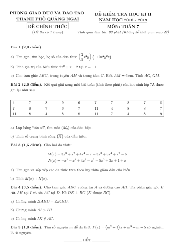 Đề thi học kì 2 (HK2) lớp 7 môn Toán năm 2018 2019 phòng GD ĐT thành phố Quảng Ngãi