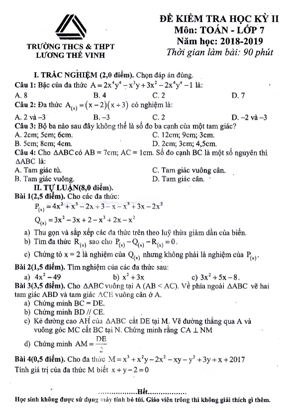Đề thi học kì 2 (HK2) lớp 7 môn Toán năm 2018 2019 trường Lương Thế Vinh Hà Nội