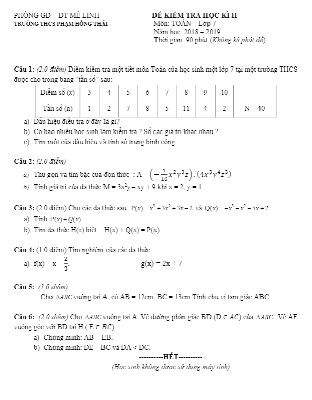 Đề thi học kì 2 (HK2) lớp 7 môn Toán năm 2018 2019 trường THCS Phạm Hồng Thái Hà Nội