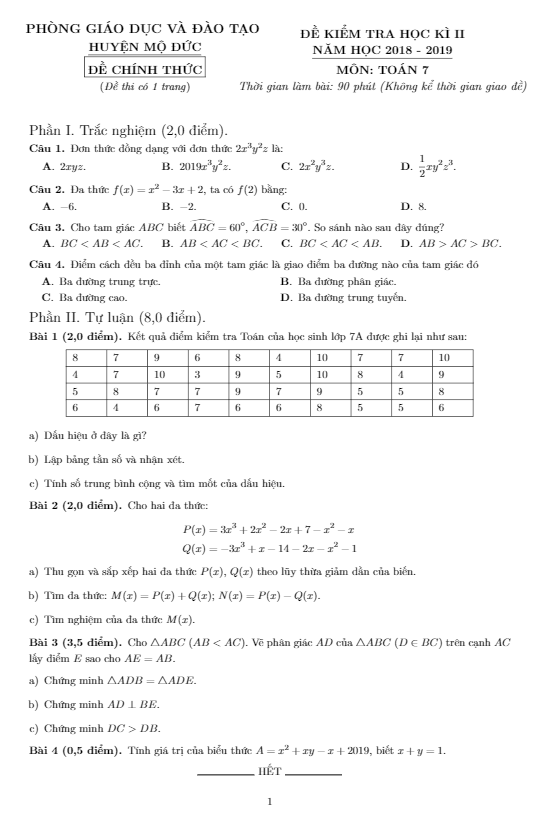 Đề thi học kì 2 (HK2) lớp 7 môn Toán năm 2018 – 2019 phòng GD ĐT Mộ Đức – Quảng Ngãi