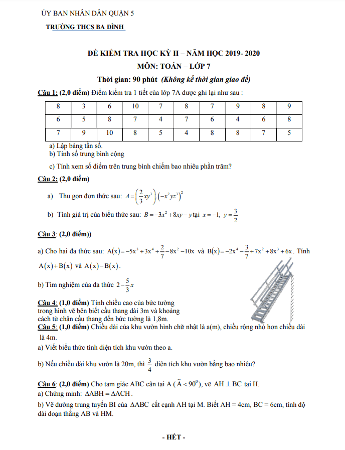 Đề thi học kì 2 (HK2) lớp 7 môn Toán năm 2019 2020 trường THCS Ba Đình TP HCM