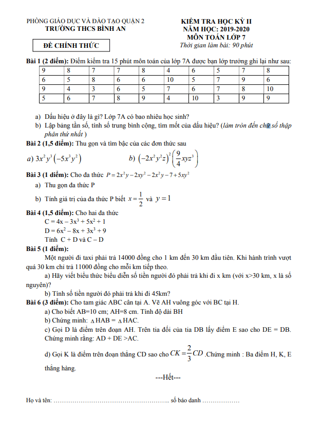 Đề thi học kì 2 (HK2) lớp 7 môn Toán năm 2019 2020 trường THCS Bình An TP HCM