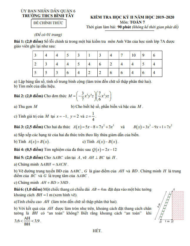 Đề thi học kì 2 (HK2) lớp 7 môn Toán năm 2019 2020 trường THCS Bình Tây TP HCM