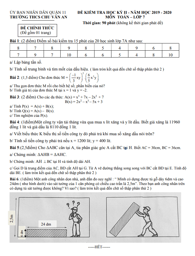 Đề thi học kì 2 (HK2) lớp 7 môn Toán năm 2019 2020 trường THCS Chu Văn An TP HCM