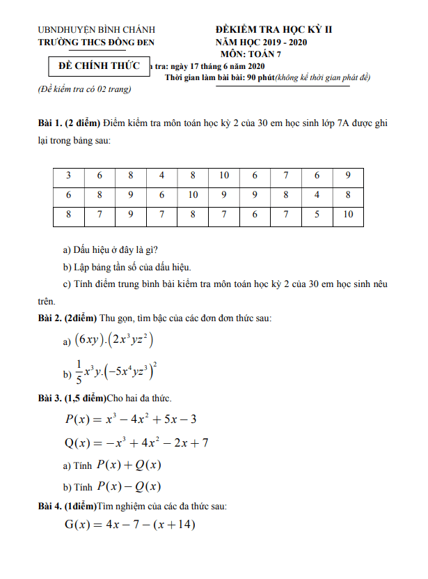 Đề thi học kì 2 (HK2) lớp 7 môn Toán năm 2019 2020 trường THCS Đồng Đen TP HCM