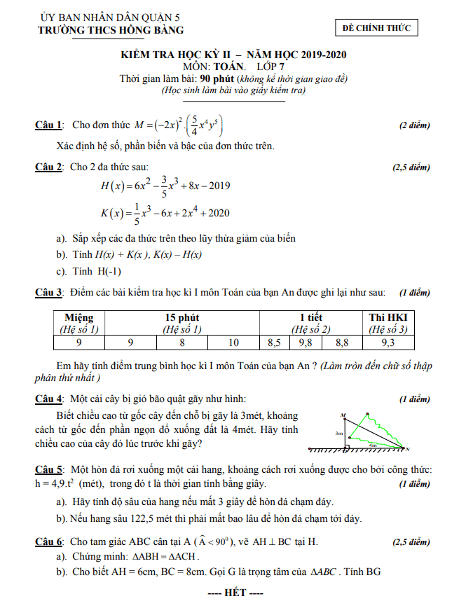 Đề thi học kì 2 (HK2) lớp 7 môn Toán năm 2019 2020 trường THCS Hồng Bàng TP HCM