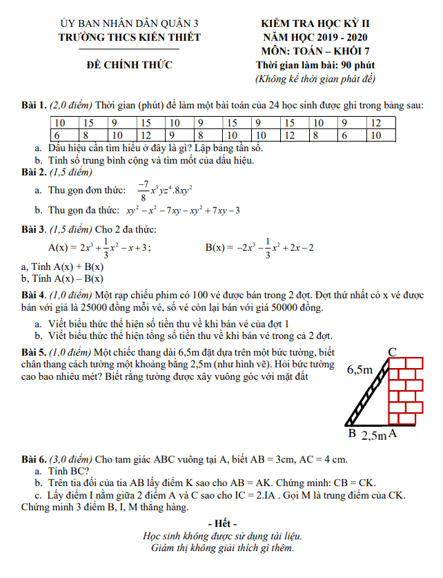 Đề thi học kì 2 (HK2) lớp 7 môn Toán năm 2019 2020 trường THCS Kiến Thiết TP HCM