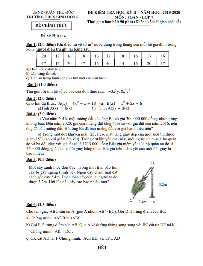 Đề thi học kì 2 (HK2) lớp 7 môn Toán năm 2019 2020 trường THCS Linh Đông TP HCM
