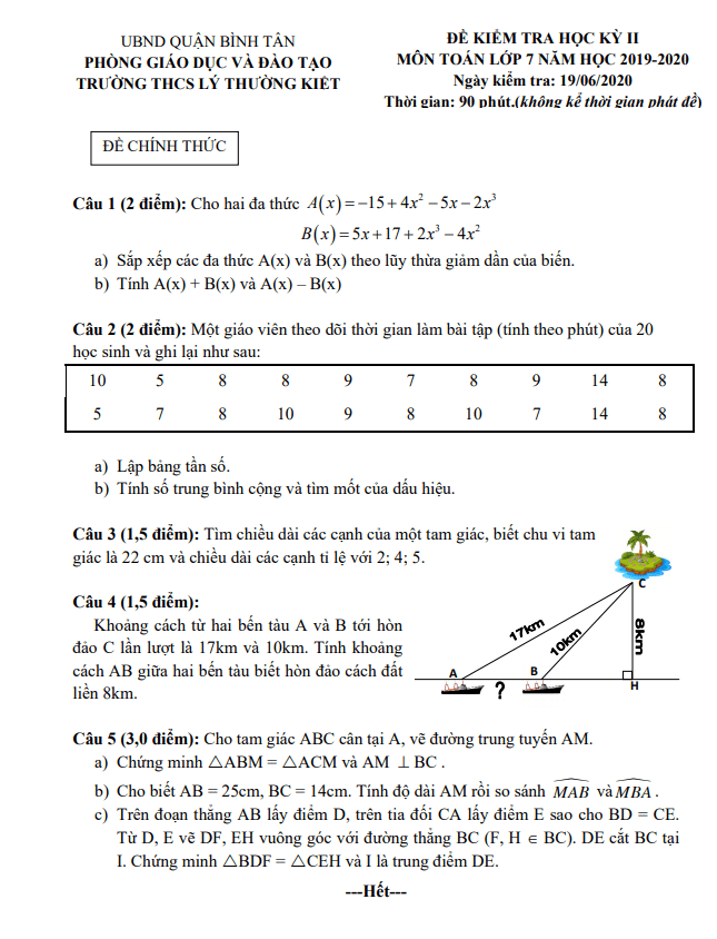 Đề thi học kì 2 (HK2) lớp 7 môn Toán năm 2019 2020 trường THCS Lý Thường Kiệt TP HCM